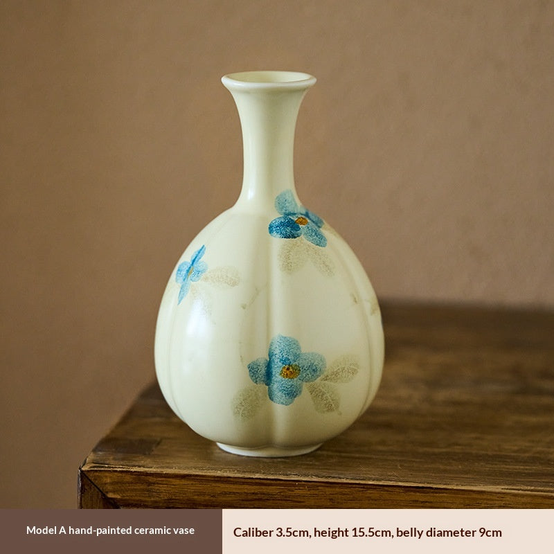 Hand-Painted Floral Ceramic Vase - Small Tabletop & Floor Decor - Blue Camellia Style