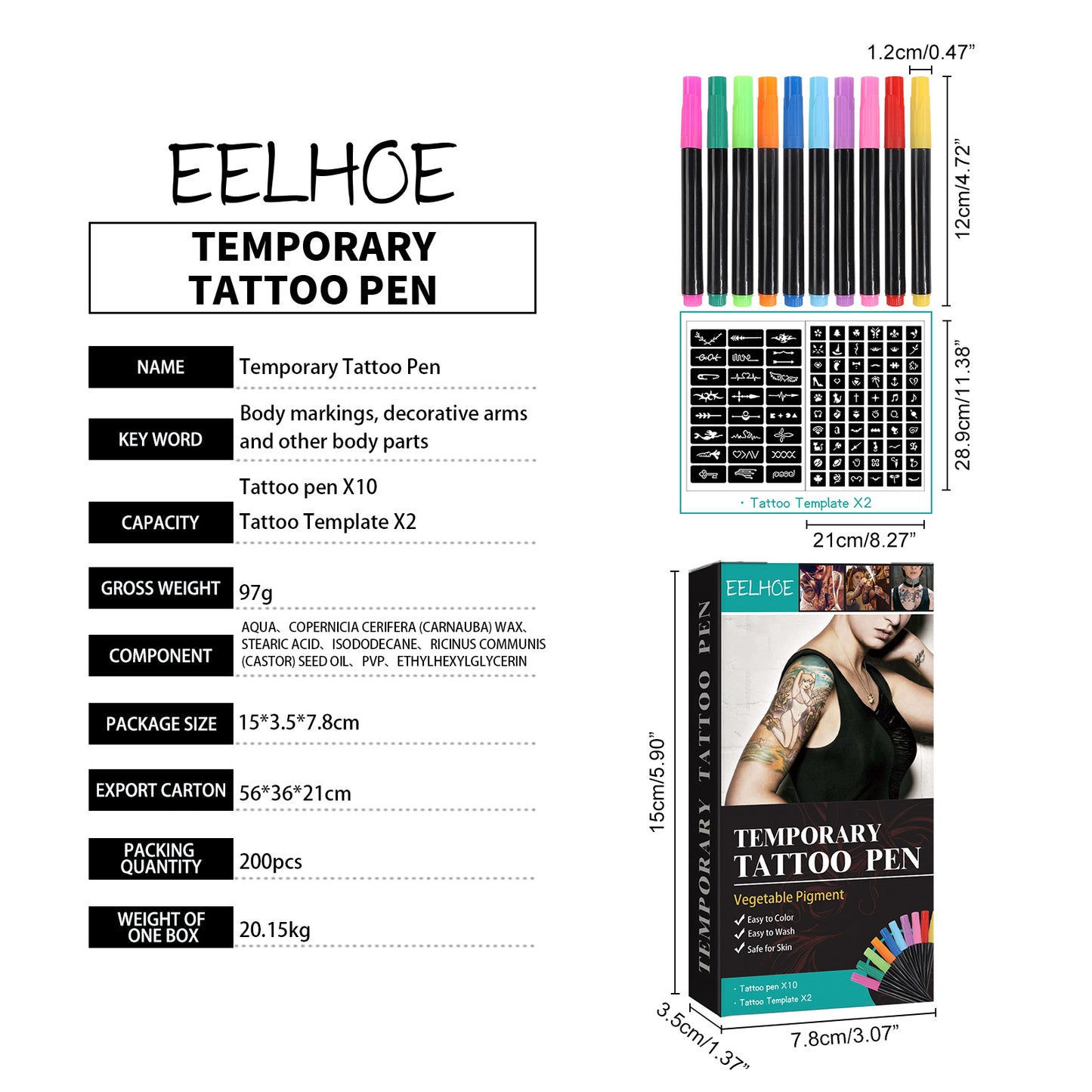Temporary Tattoo Pen and Stencil Set for Skin Art DIY