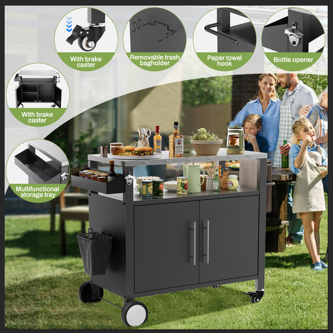 Outdoor Grill Cart with Storage and Wheels - Black Stainless Steel BBQ Trolley