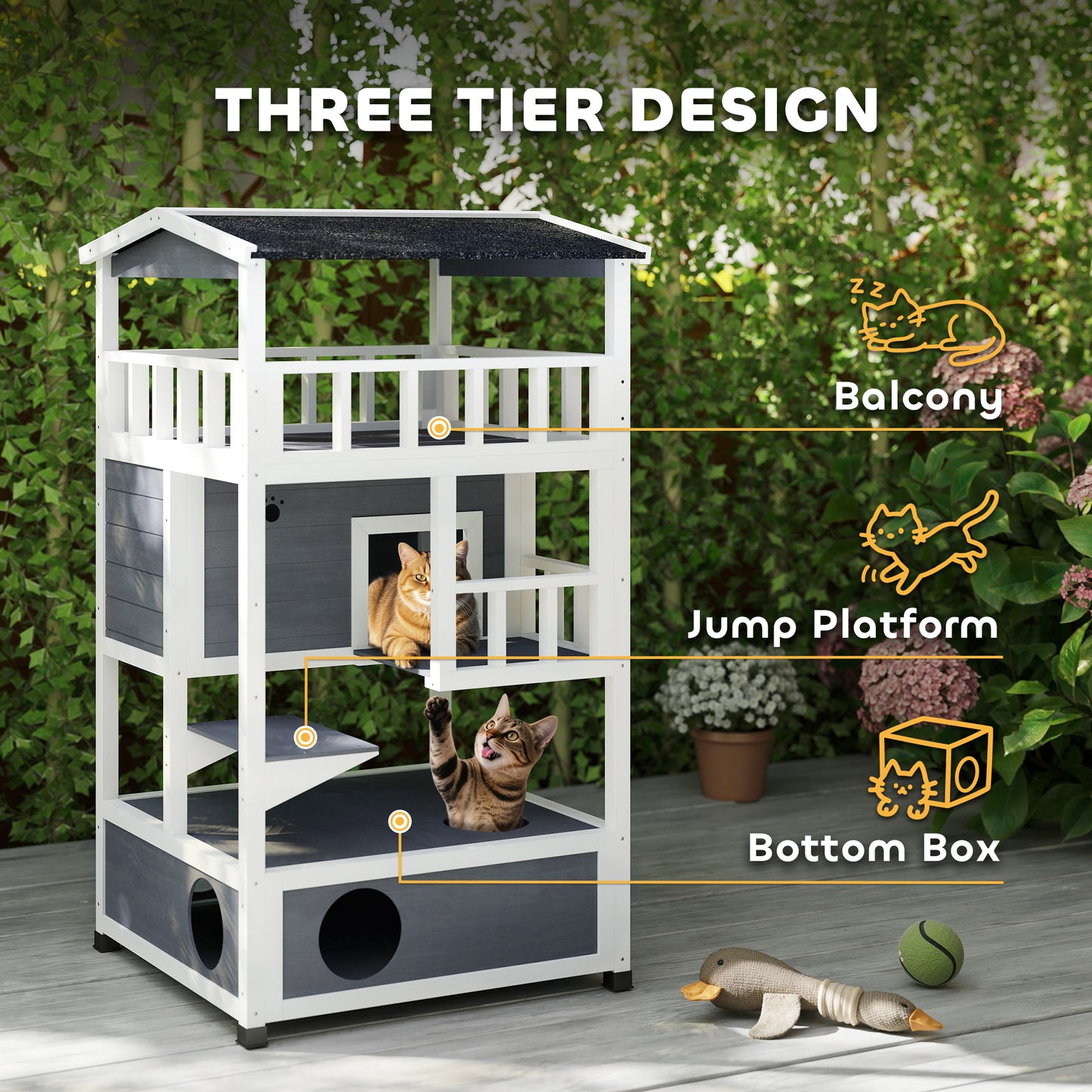 Outdoor Cat House with Asphalt Roof, Escape Doors & Jumping Platform - Gray