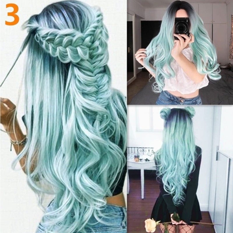Black Mint Green Synthetic Wig - Long Curled Split Fiber Hair Extension