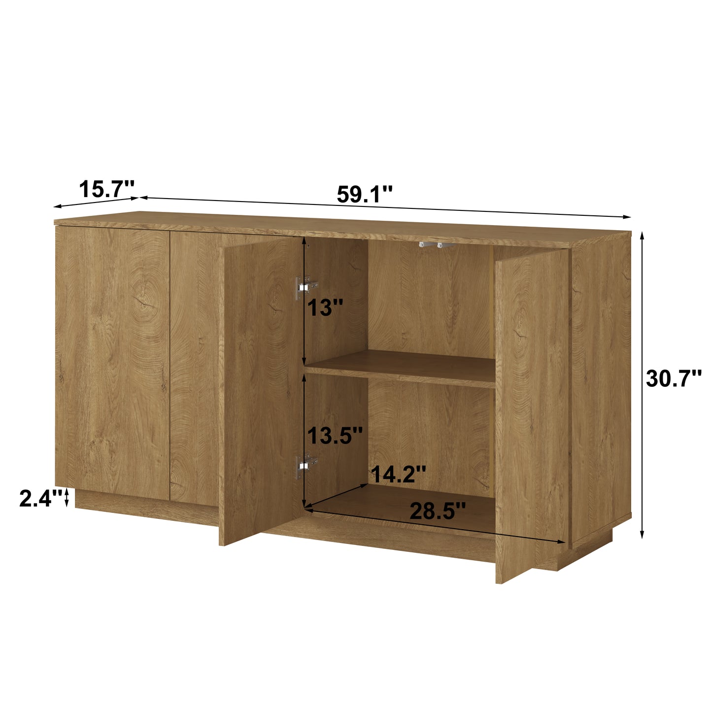 Natural Wood Sideboard Buffet Cabinet with 4 Doors & Adjustable Shelves