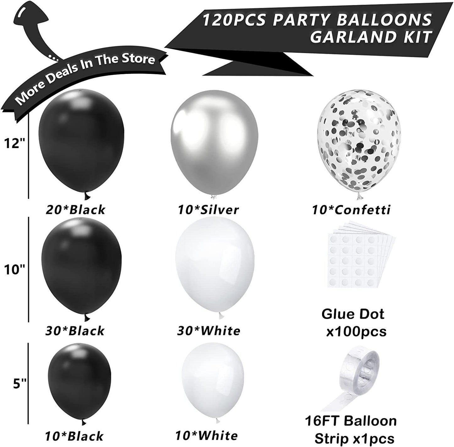 Balloon Arch Party Decoration Set - Black, Silver & White Latex Balloons