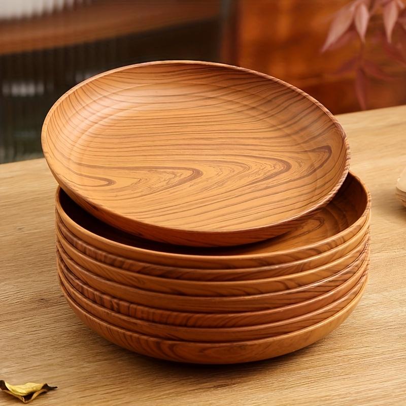 10 Creative Wood Grain Plastic Plates - Round Striped Design,