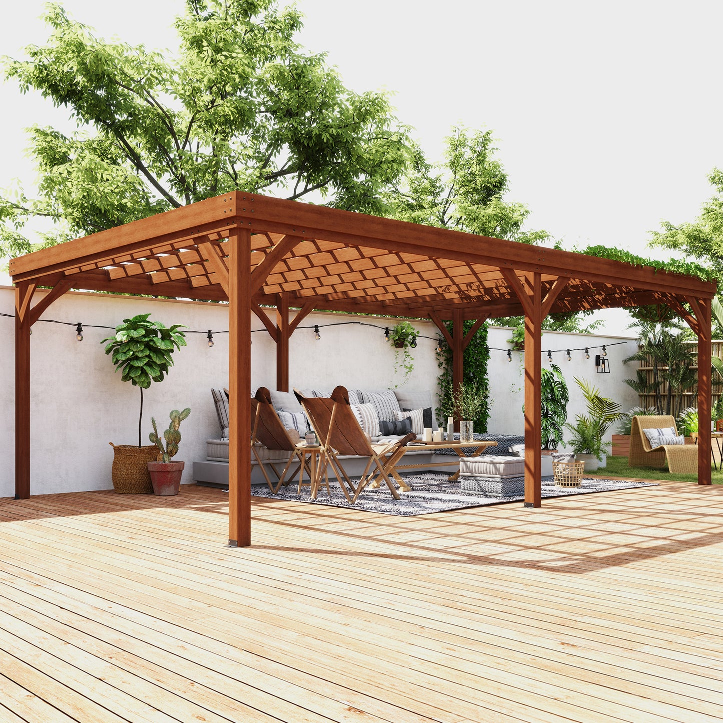 Outdoor Wooden Pergola - 12x20 ft Brown Garden Gazebo