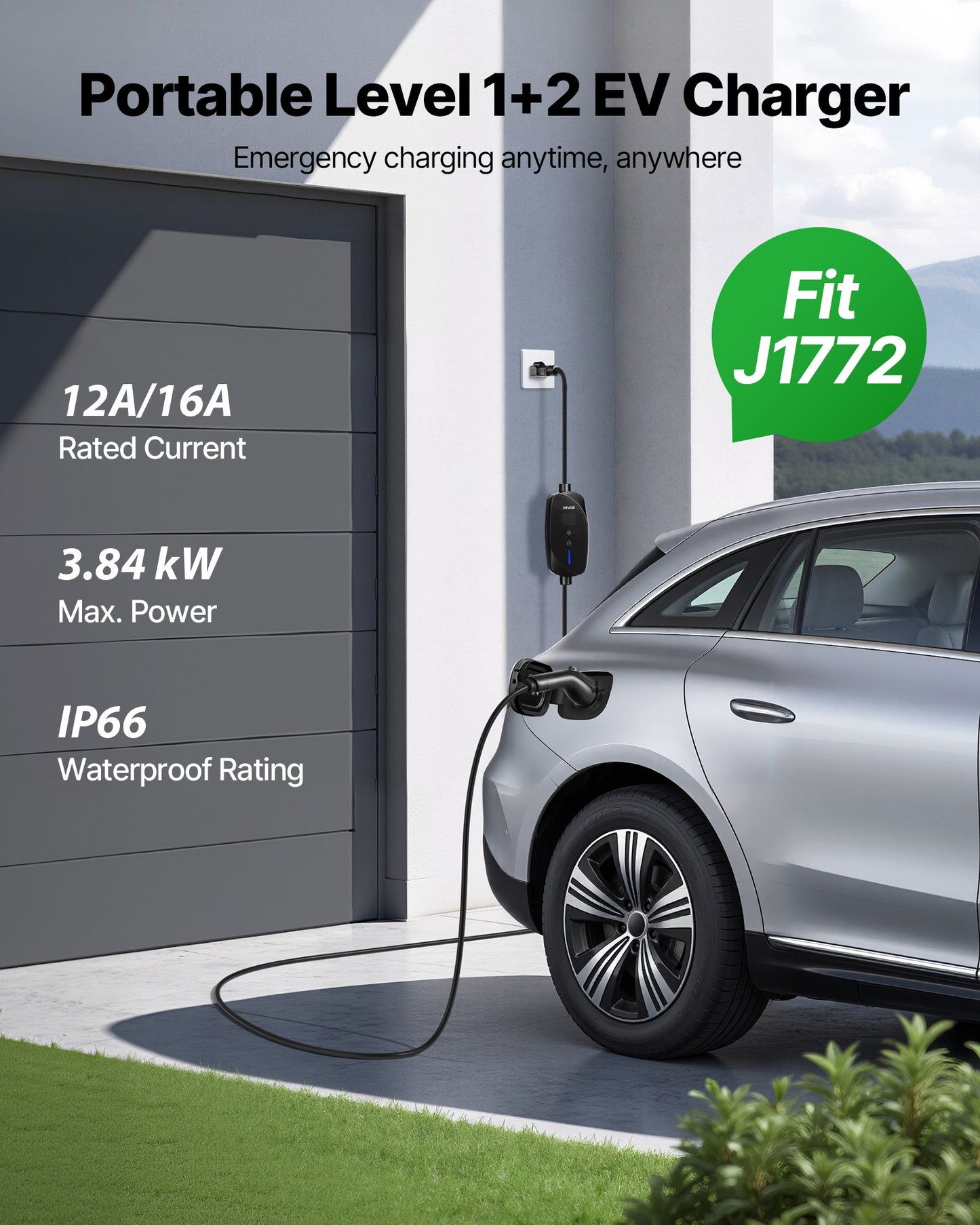 Portable Level 1&2 EV Charger 16A Adjustable Current 120V 240V with LCD - Black