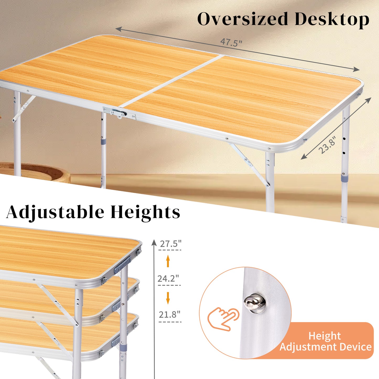 4FT Adjustable Height Folding Table - Portable Aluminum Utility Table