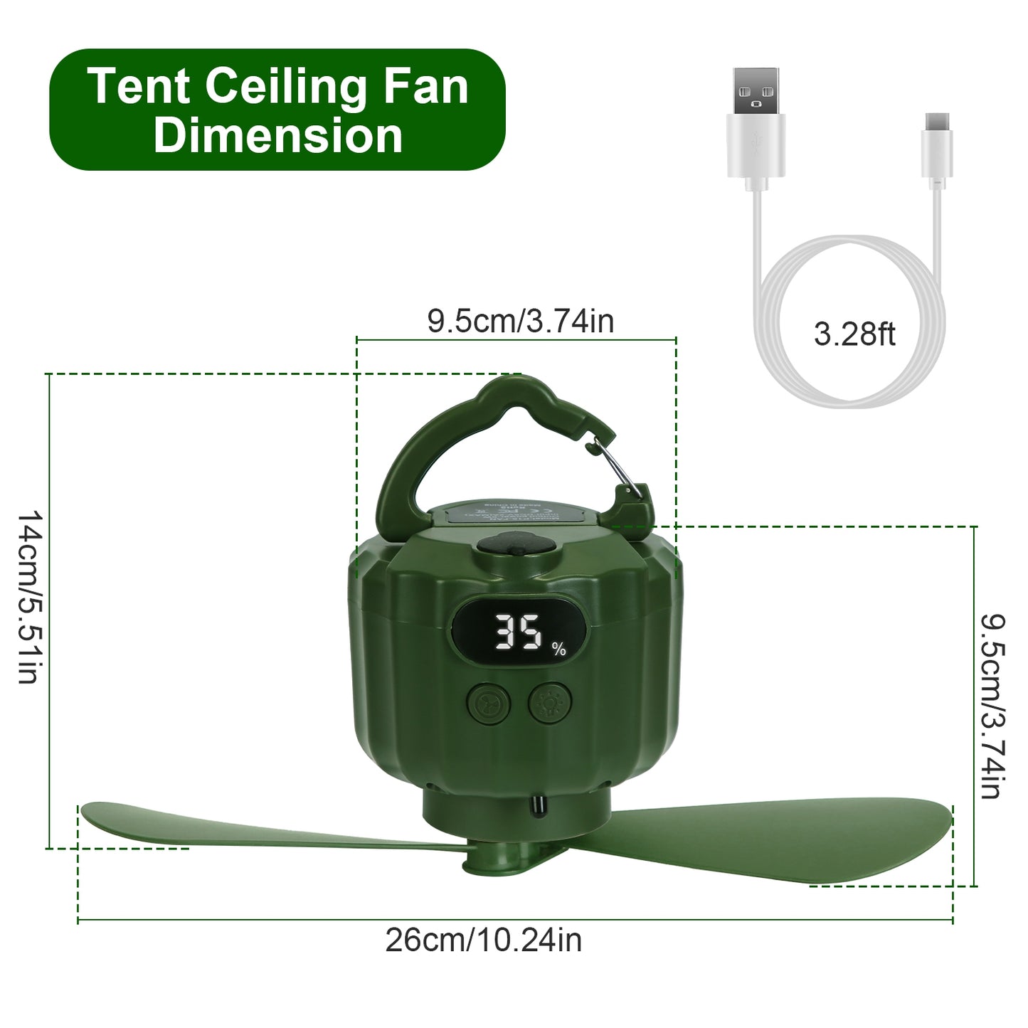 3-in-1 Camping Fan with LED Lantern and Power Bank - Rechargeable, Quiet, Detachable Blades