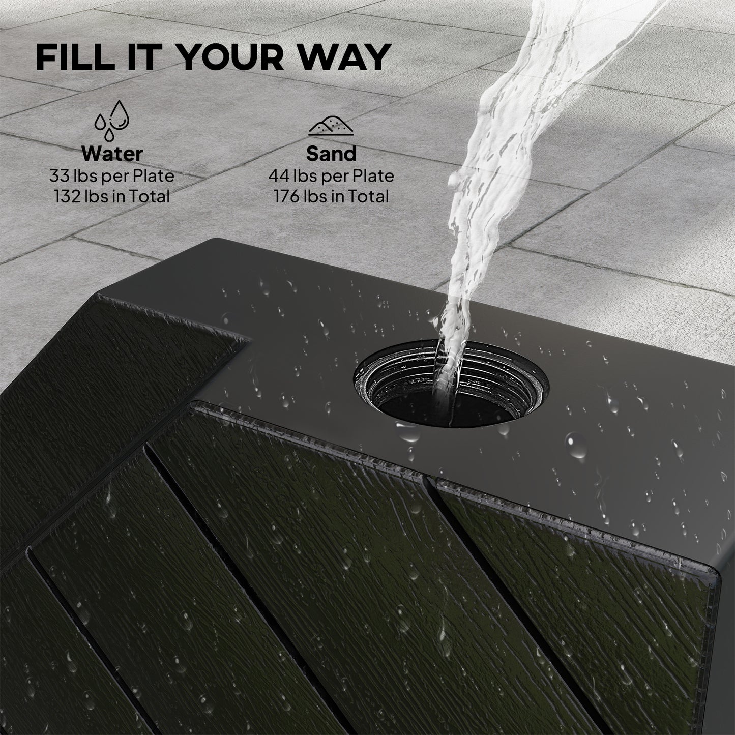 Outdoor Umbrella Base Weights - 132 lbs Water or 176 lbs Sand