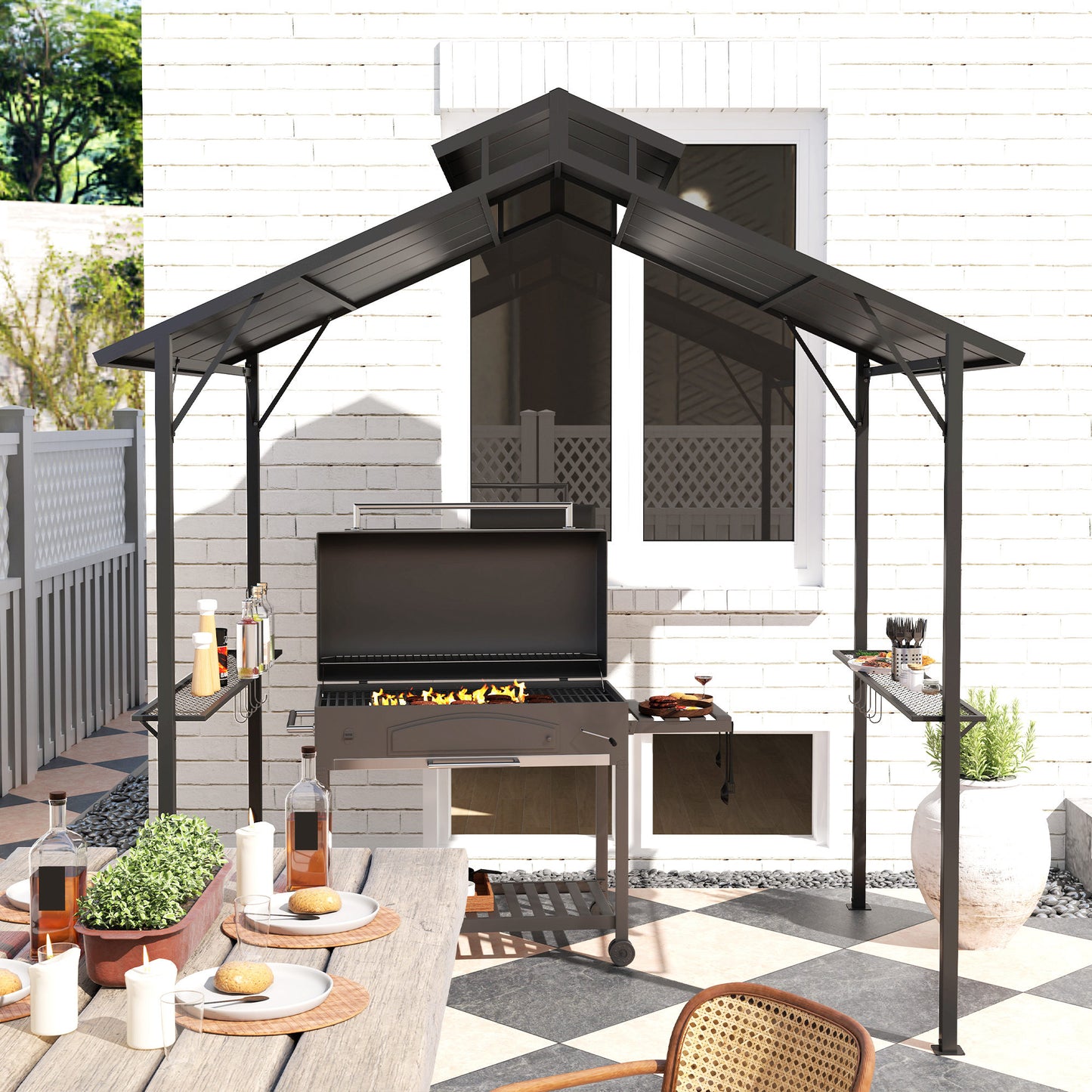 5x8ft Hardtop Grill Gazebo with Double Metal Roof & Shelves
