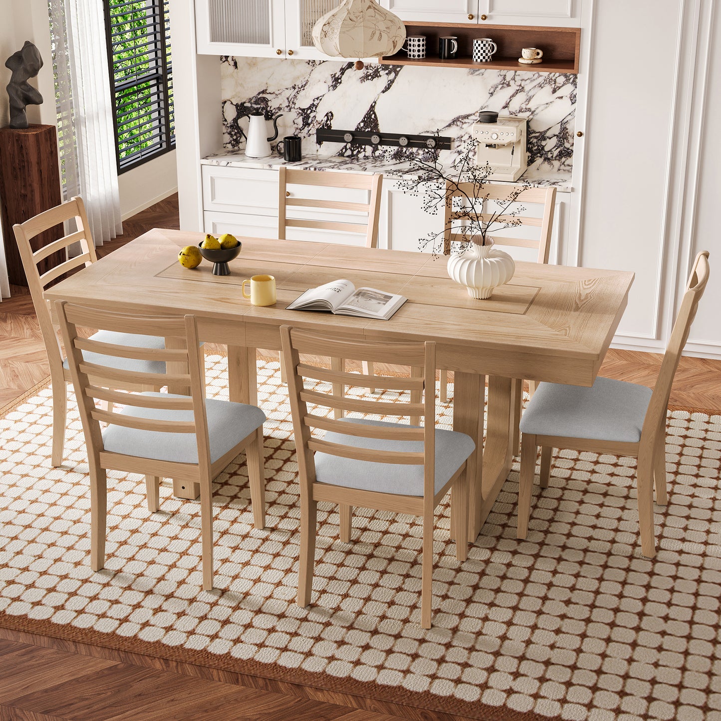7 Piece Extendable Dining Table Set, Farmhouse With 18 Move Leaf, 78