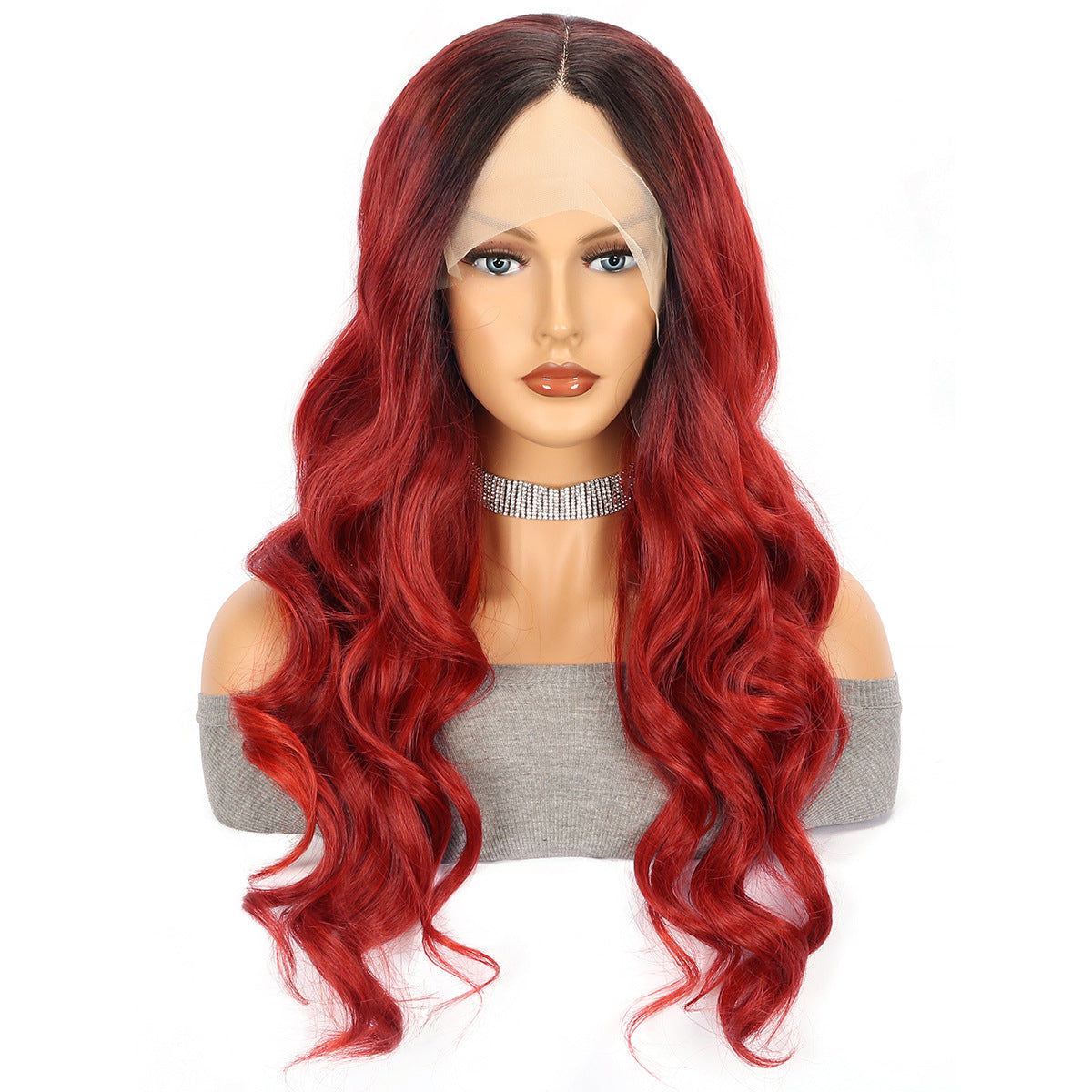 Wine Red Long Curly Synthetic Hair Wigs with Oblique Bangs - Cosplay Hair Cover