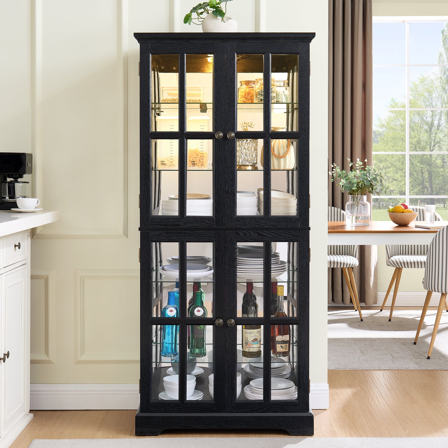 Antique Curio Display Cabinet with Glass Doors and Adjustable Shelves - Black