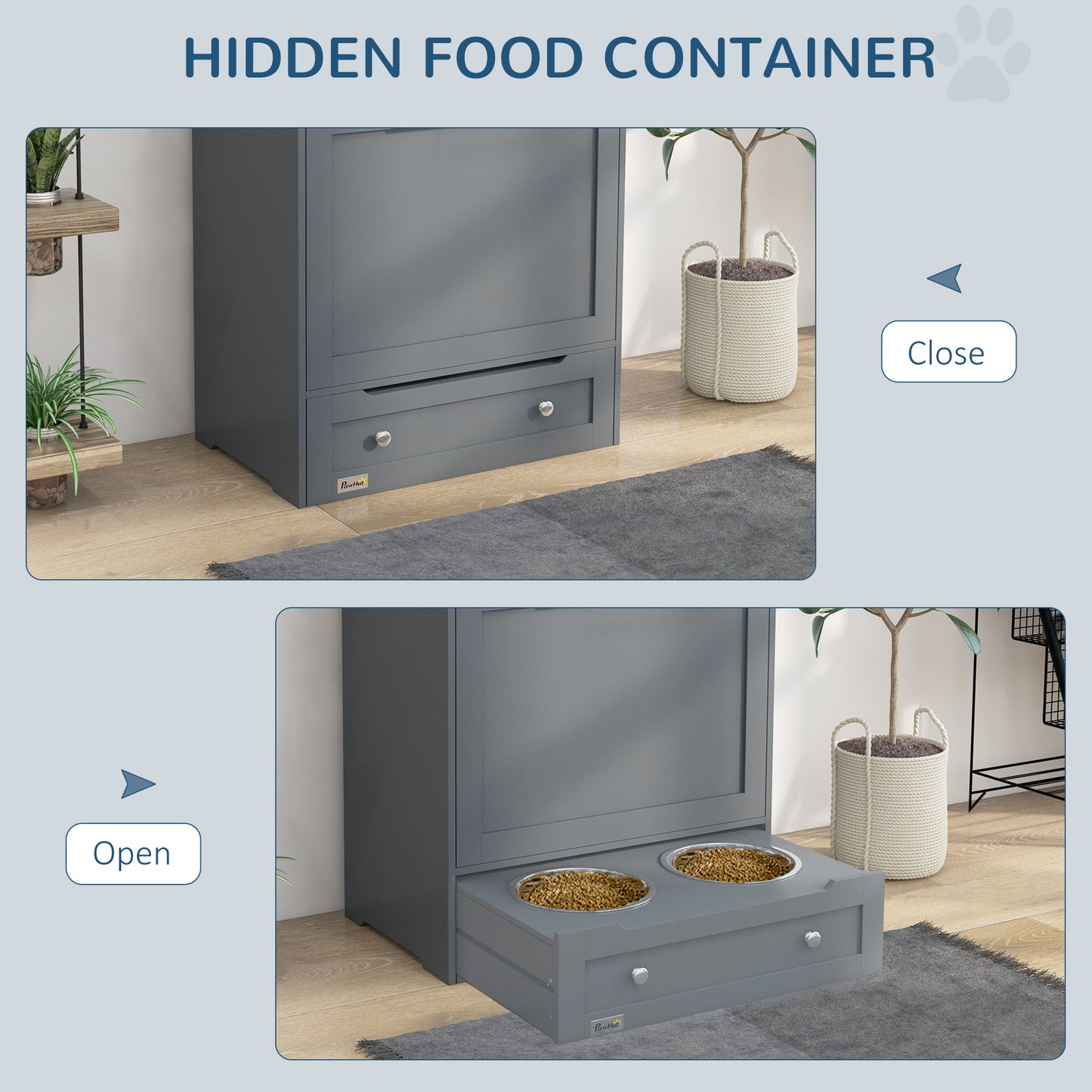 Pet Feeder Station with Storage Cabinet and Raised Bowls - Gray