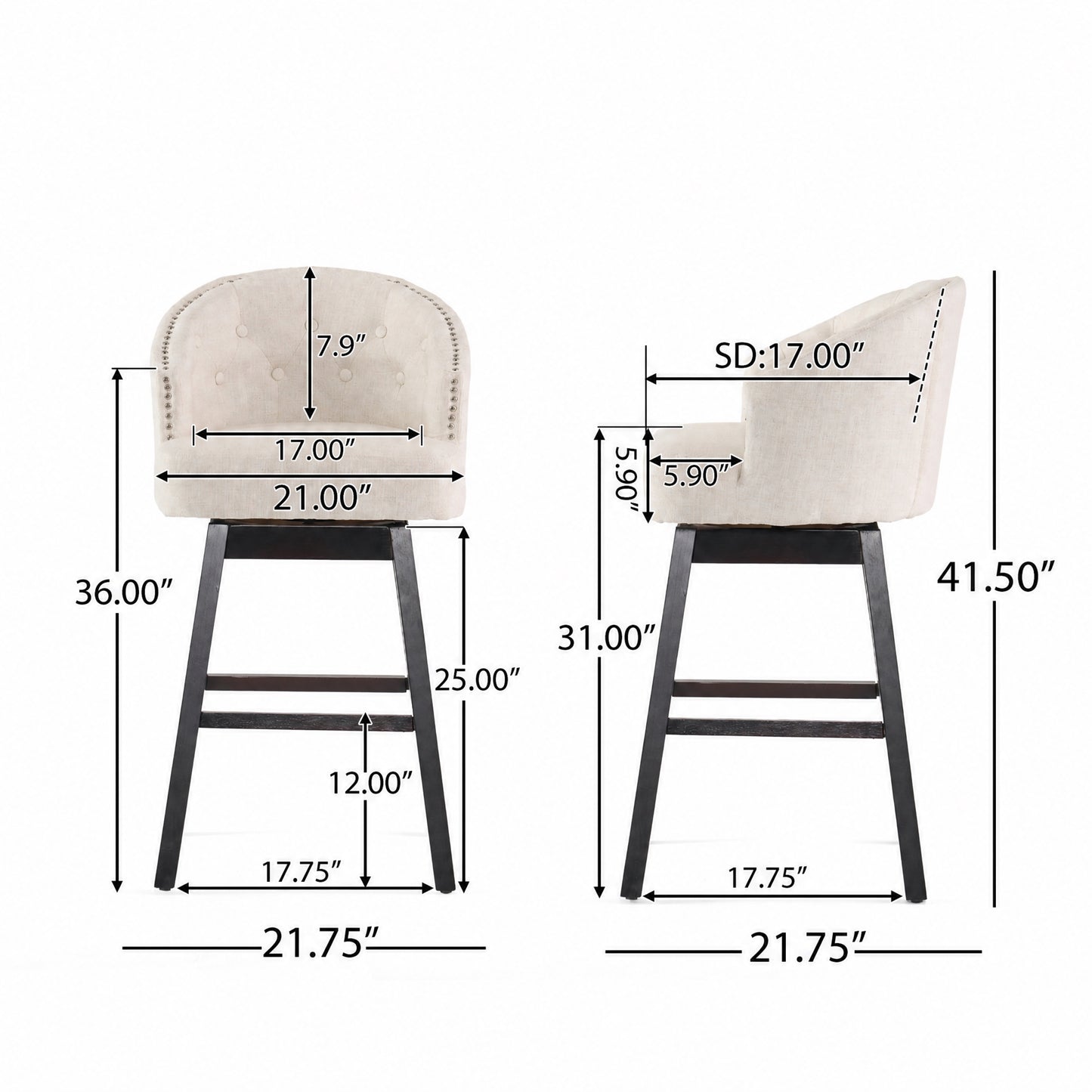 360-Degree Swivel Bar Stool Set of 2 with Nailhead Trim - Beige