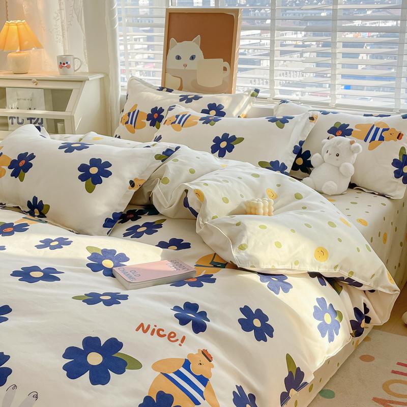 Cotton Bedding Set - Four-Piece Quilt Cover & Sheets with Skin-Friendly Sanded Finish