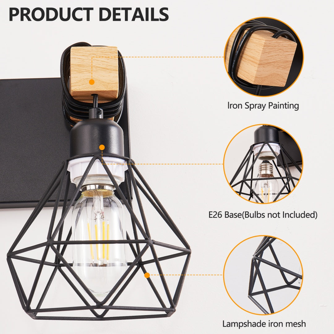 Modern 6-Light Vanity Light Fixture - Black Metal & Wood Accents