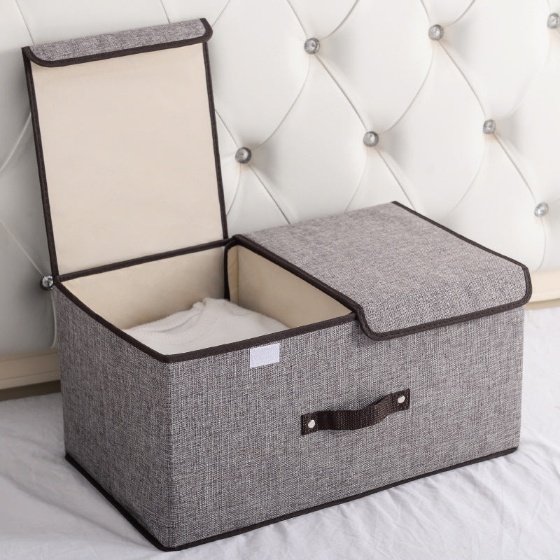 Foldable Cotton Linen Storage Box with Double Lid - Multi-Purpose Home Organizer