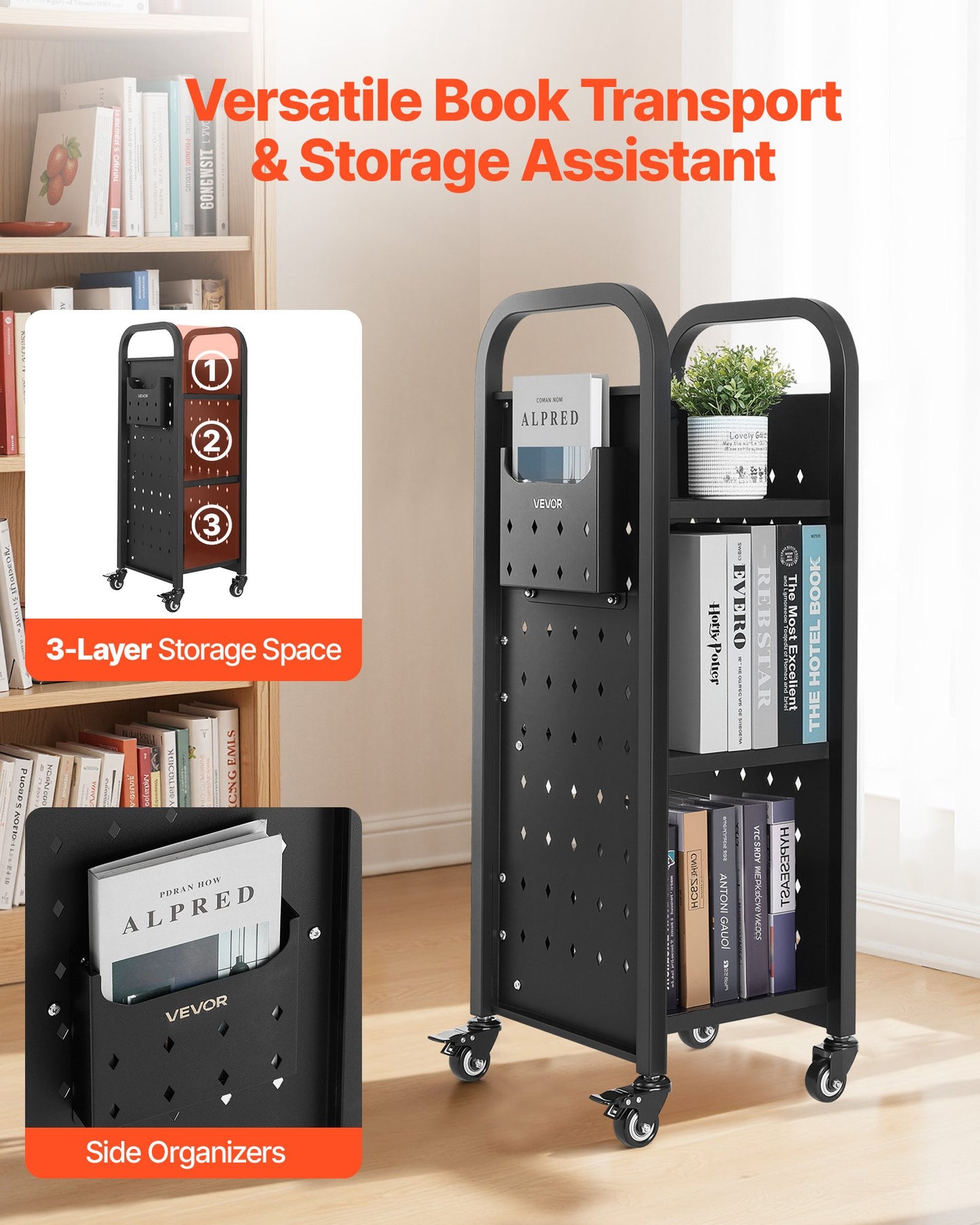 3-Tier Rolling Book Cart with L-Shaped Shelves - Black, Heavy Duty, Mobile Storage