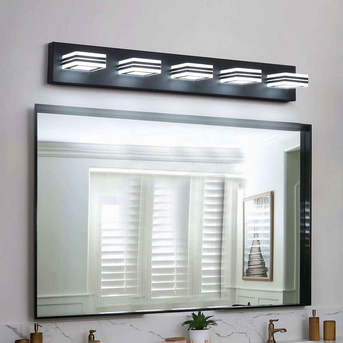 32-Inch Modern Black LED Vanity Light with Square Acrylic Shades