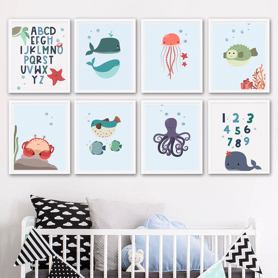 Alphanumeric Octopus Jellyfish Wall Art Canvas Painting for Home Decor