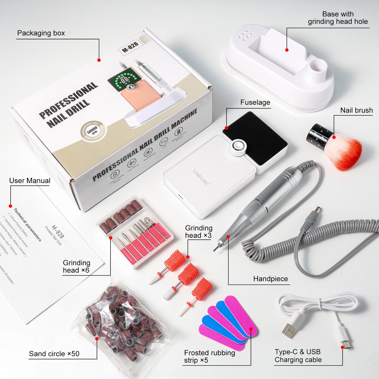 Professional Portable Electric Nail Drill - 50,000 RPM Rechargeable E-File