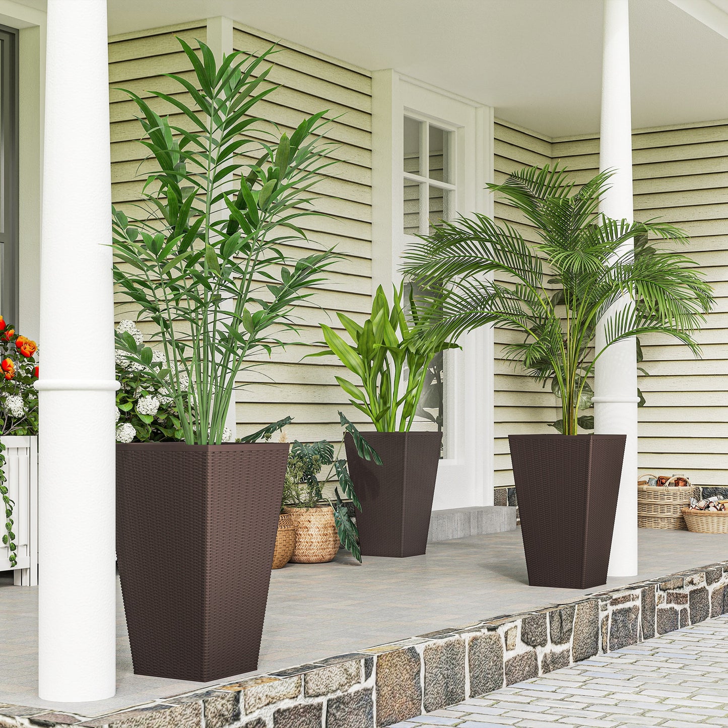 Set of 3 Tall Outdoor and Indoor Plant Pots with Drainage Holes - 24 Inch Brown