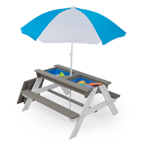 3-in-1 Kids Outdoor Wooden Picnic Table with Umbrella - Grey