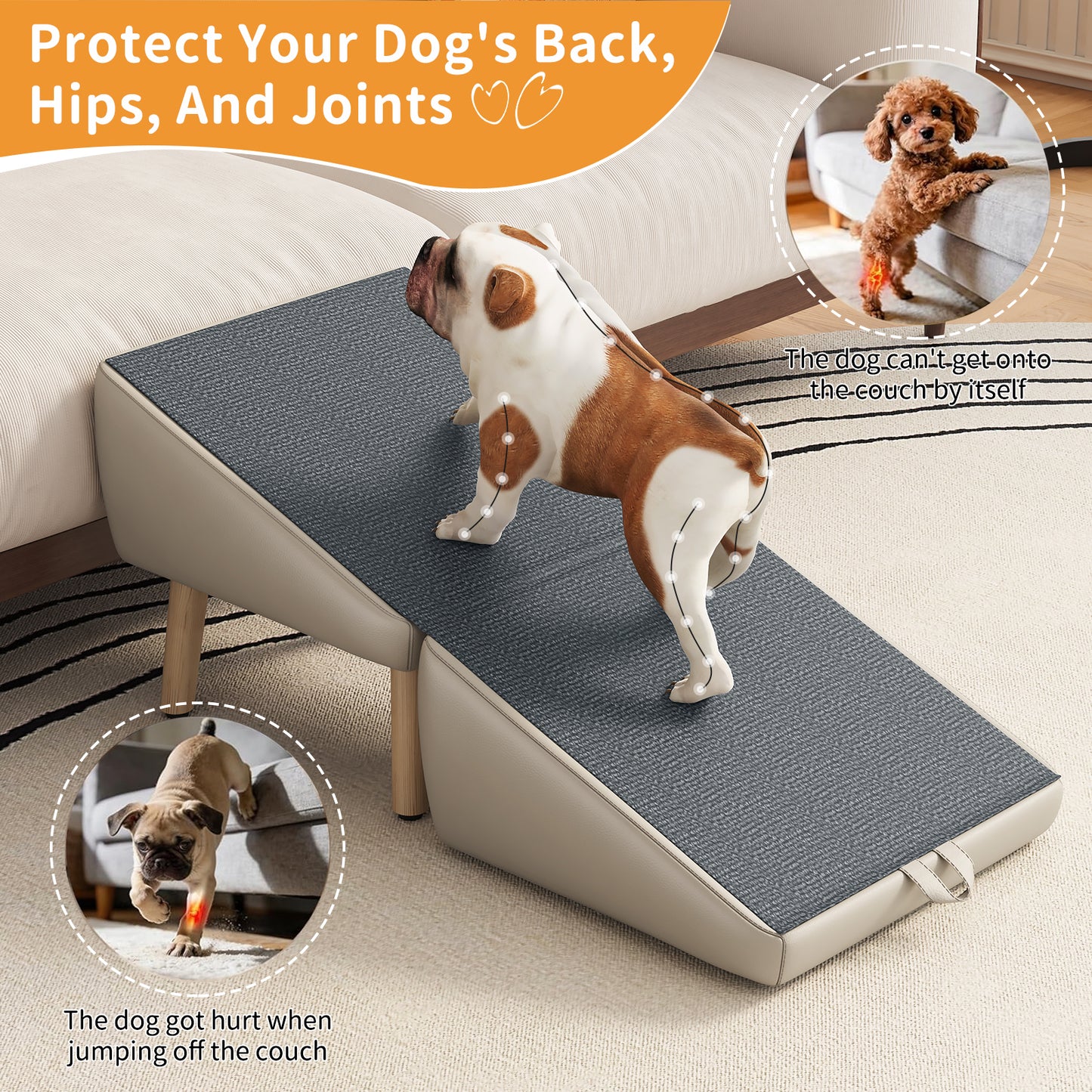 Foldable Wooden Dog Steps for Small Dogs and Cats - Non-Slip Ramp for Couch and Bed, Light Grey