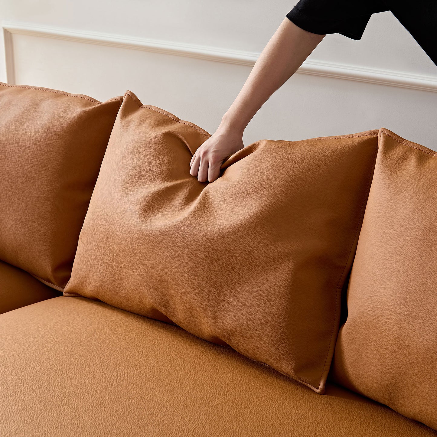 Curved 5-Seat Sofa Couch in Orange Eco-Leather for Living Room