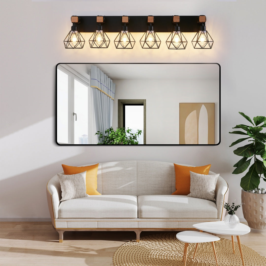 Modern 6-Light Vanity Light Fixture - Black Metal & Wood Accents