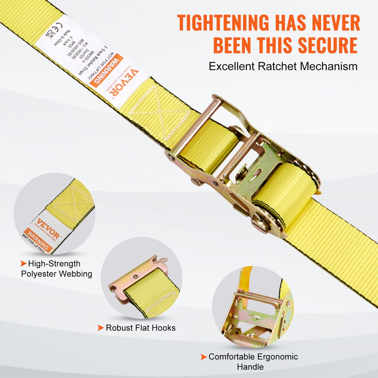 Heavy Duty E-Track Ratchet Tie Down Straps 8 Pack - 4400 Lb Break Strength, 2x15' Yellow
