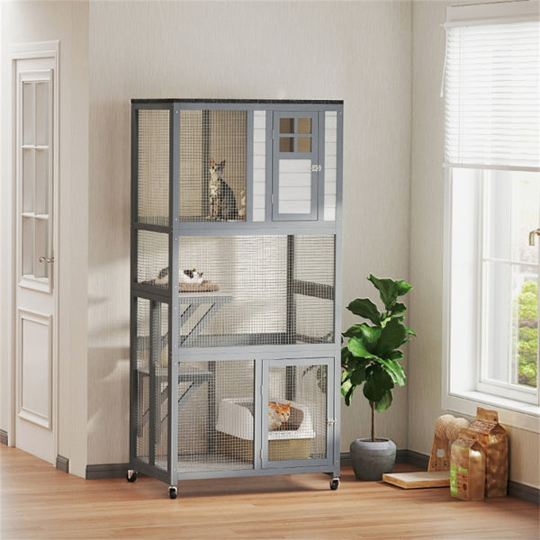 Pet Cat Stairs Climbing Tower with Roofed House and Wheels - Gray