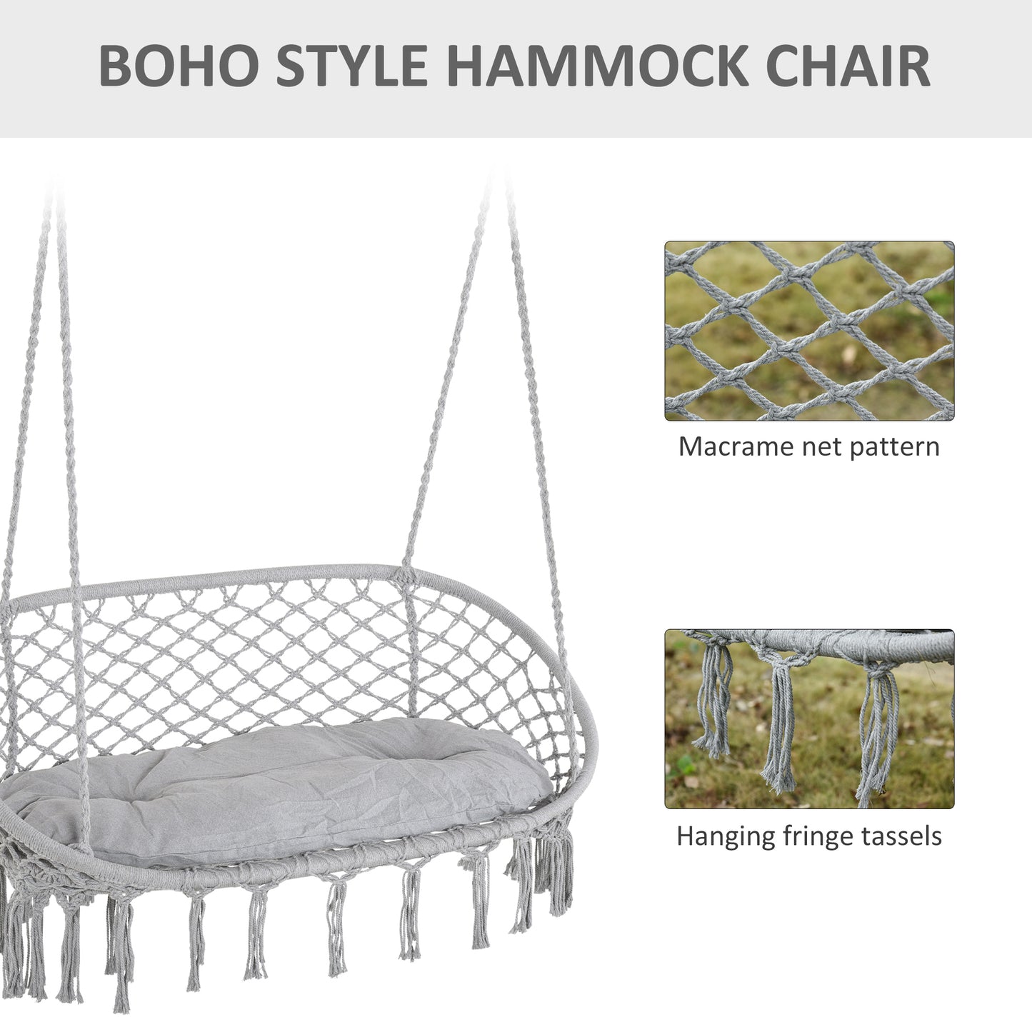 2-Person Macrame Hammock Chair with Cushion - Light Gray