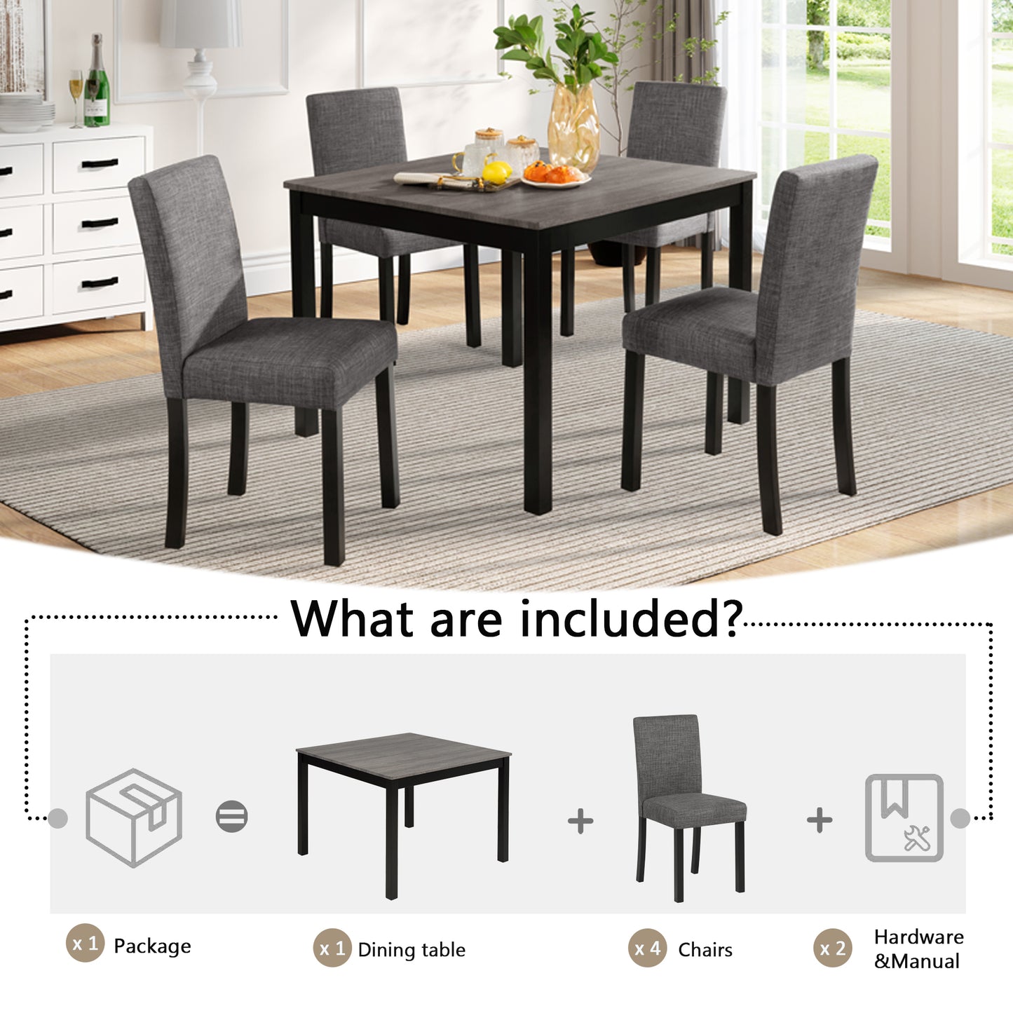5-Piece Dining Table Set with 4 Chairs - Light Grey & Black