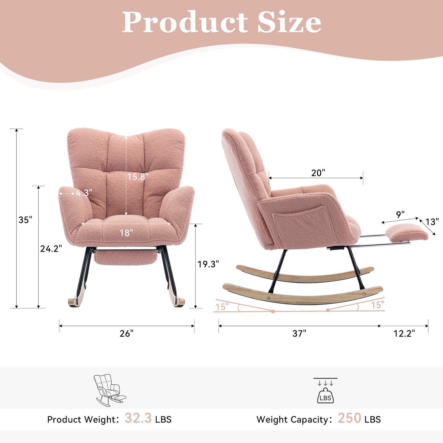 Pink Teddy Fabric Rocking Chair with Adjustable Footstool