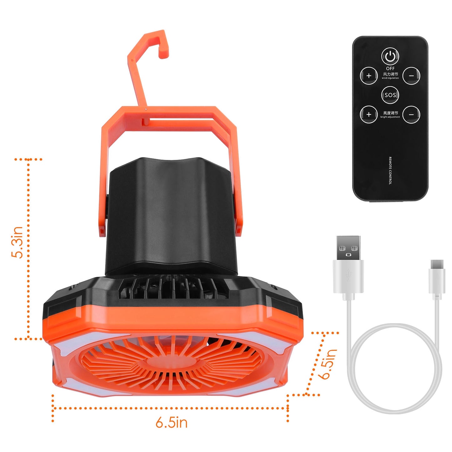 Portable Camping Lantern Fan - USB Rechargeable, 3 Wind & 4 Light Modes, Emergency Power Bank, Orange