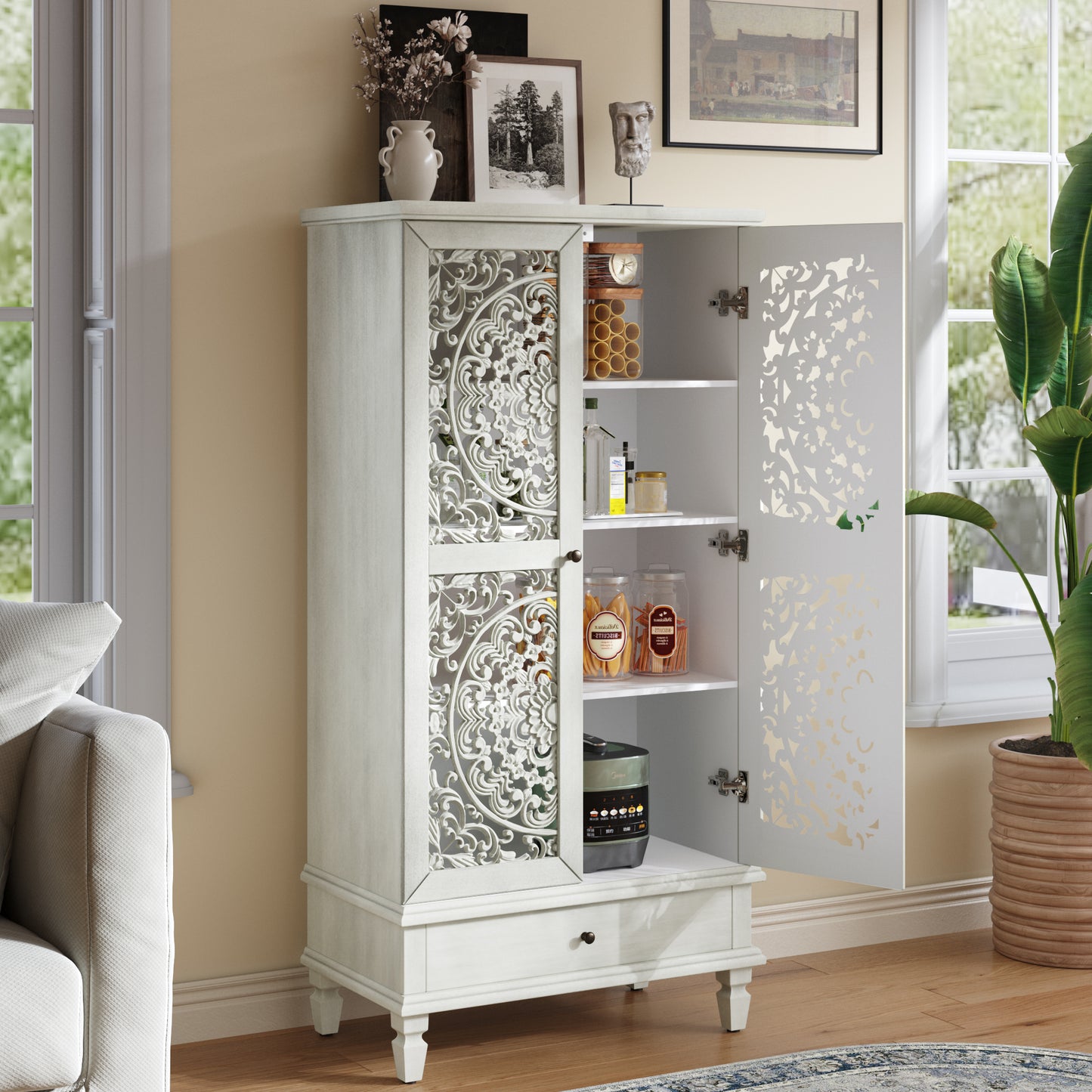 Rustic 55" Tall Storage Cabinet with Drawer - Antique Grey White