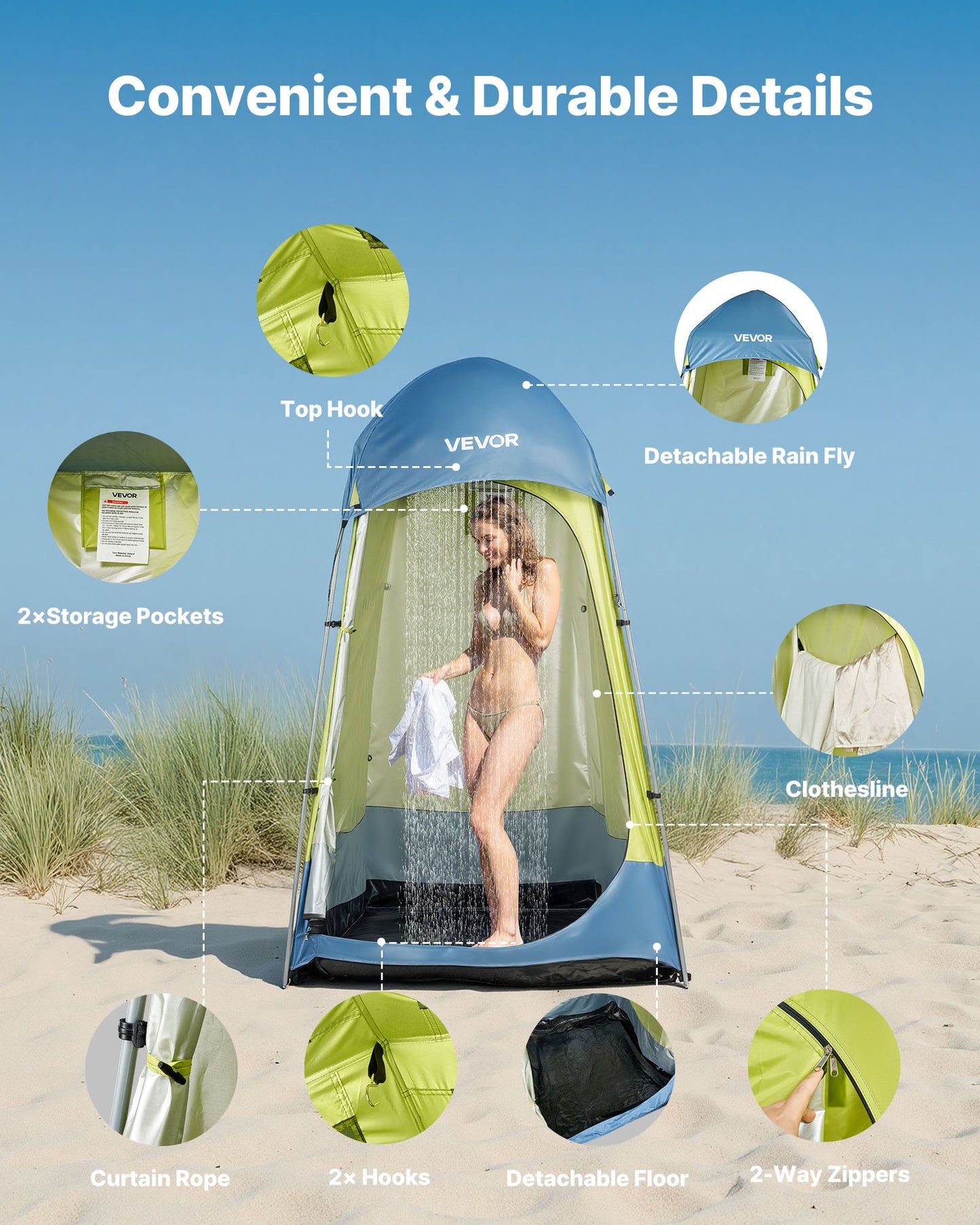 Portable Camping Shower Tent with Ground Stakes & Ropes - Waterproof Privacy Shelter