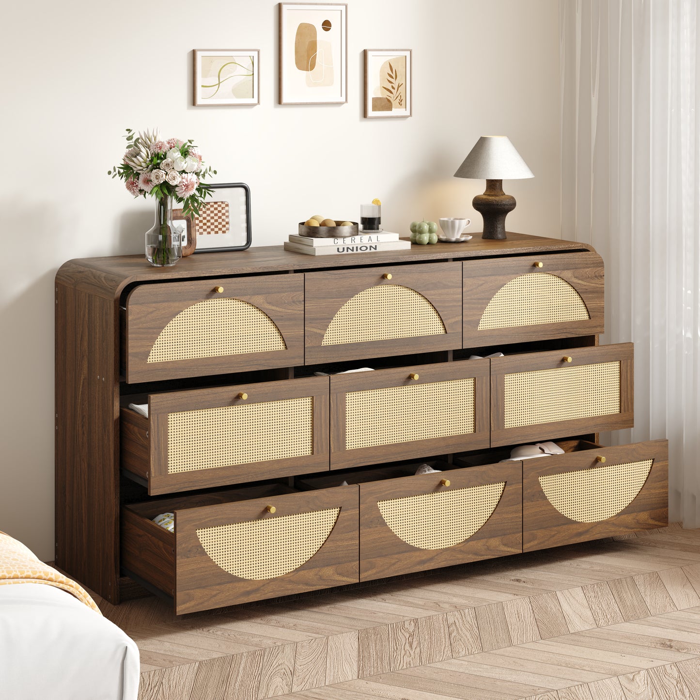 Modern 9-Drawer Dresser with Rattan Front - Walnut Finish