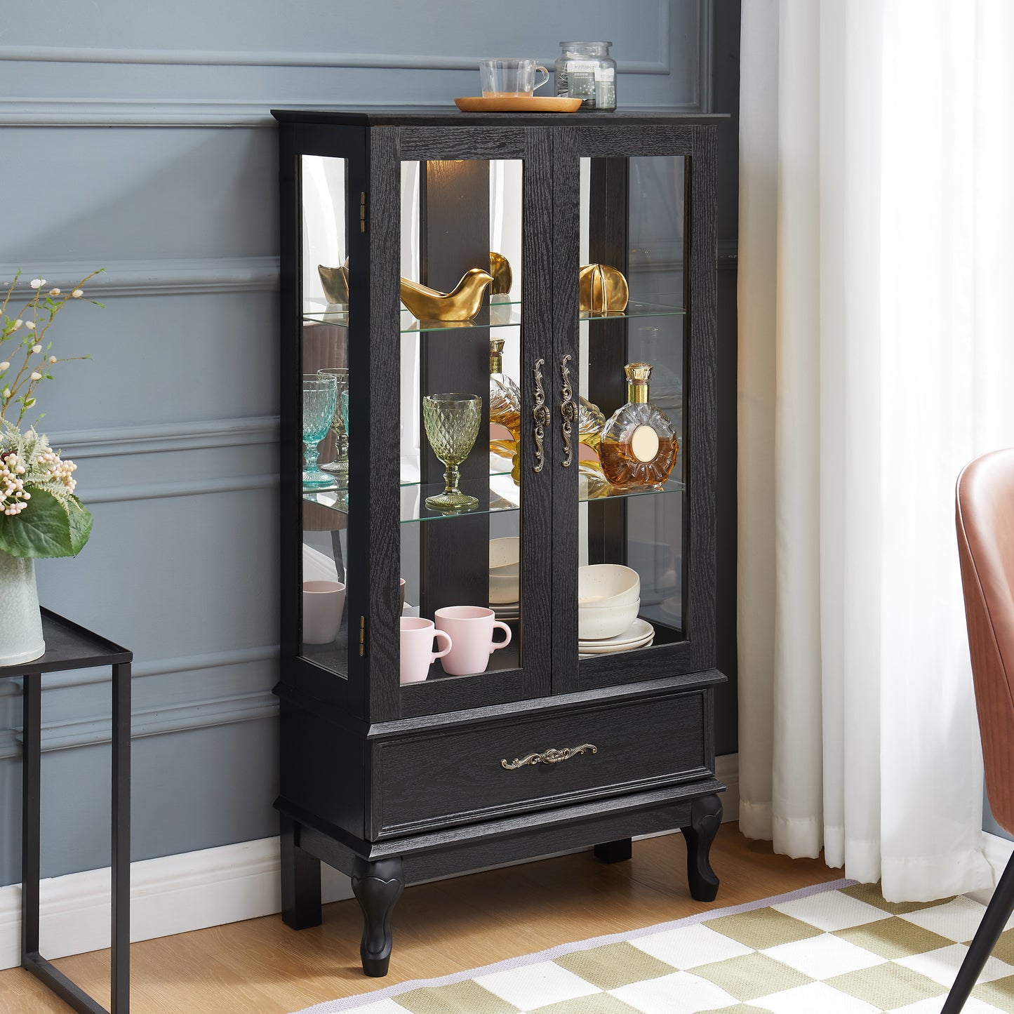Lighted Curio Cabinet With Glass Doors And Adjustable Shelves 2 Door