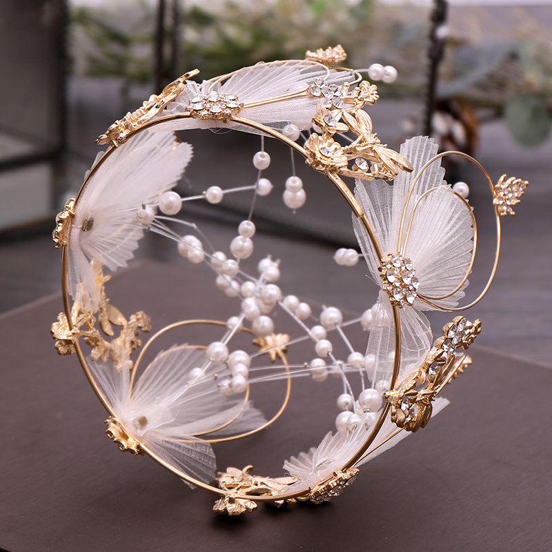 Pearl Bridal Crown Tiara with Earrings - Gold