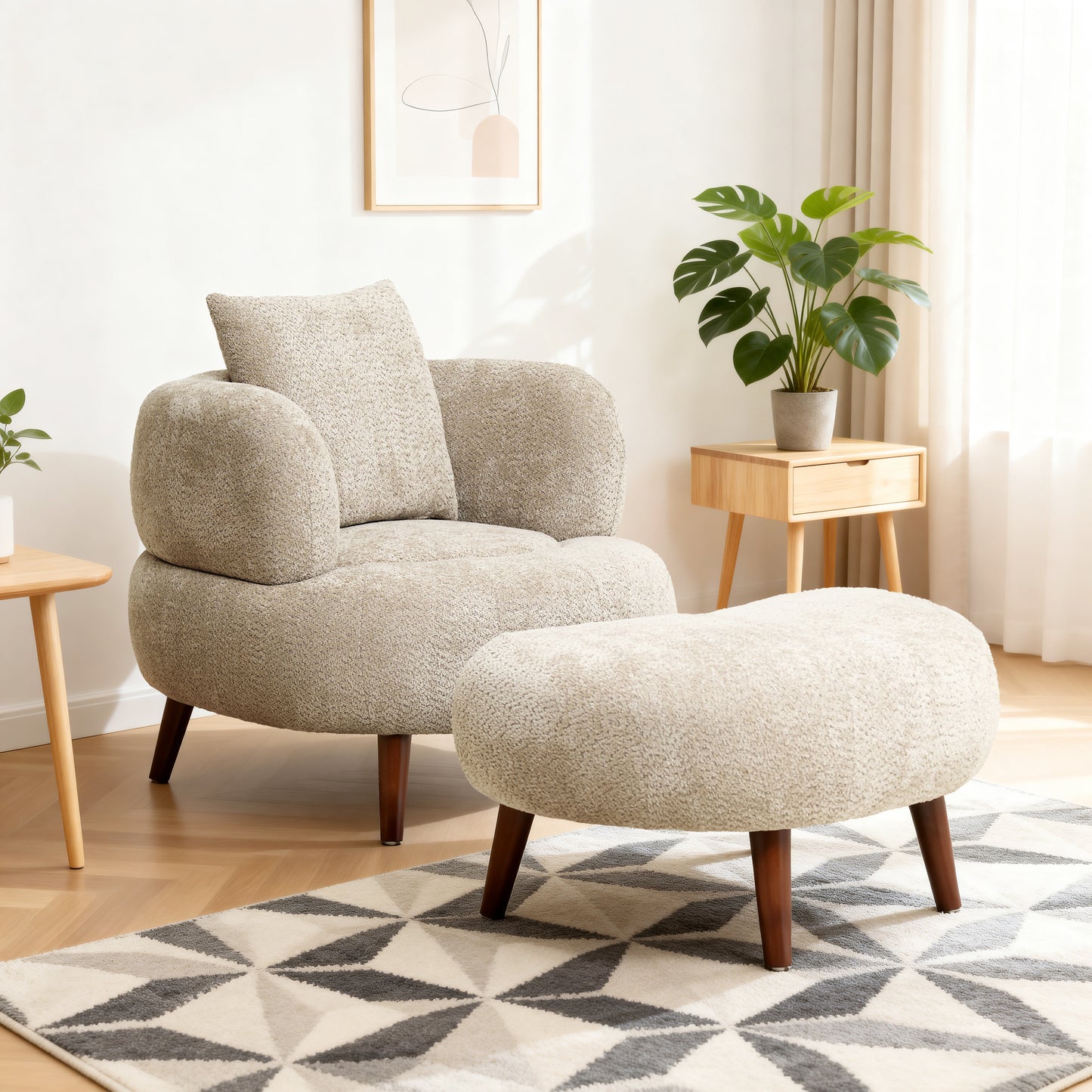 36-Inch Chenille Fabric Bucket Chair with Ottoman - Camel