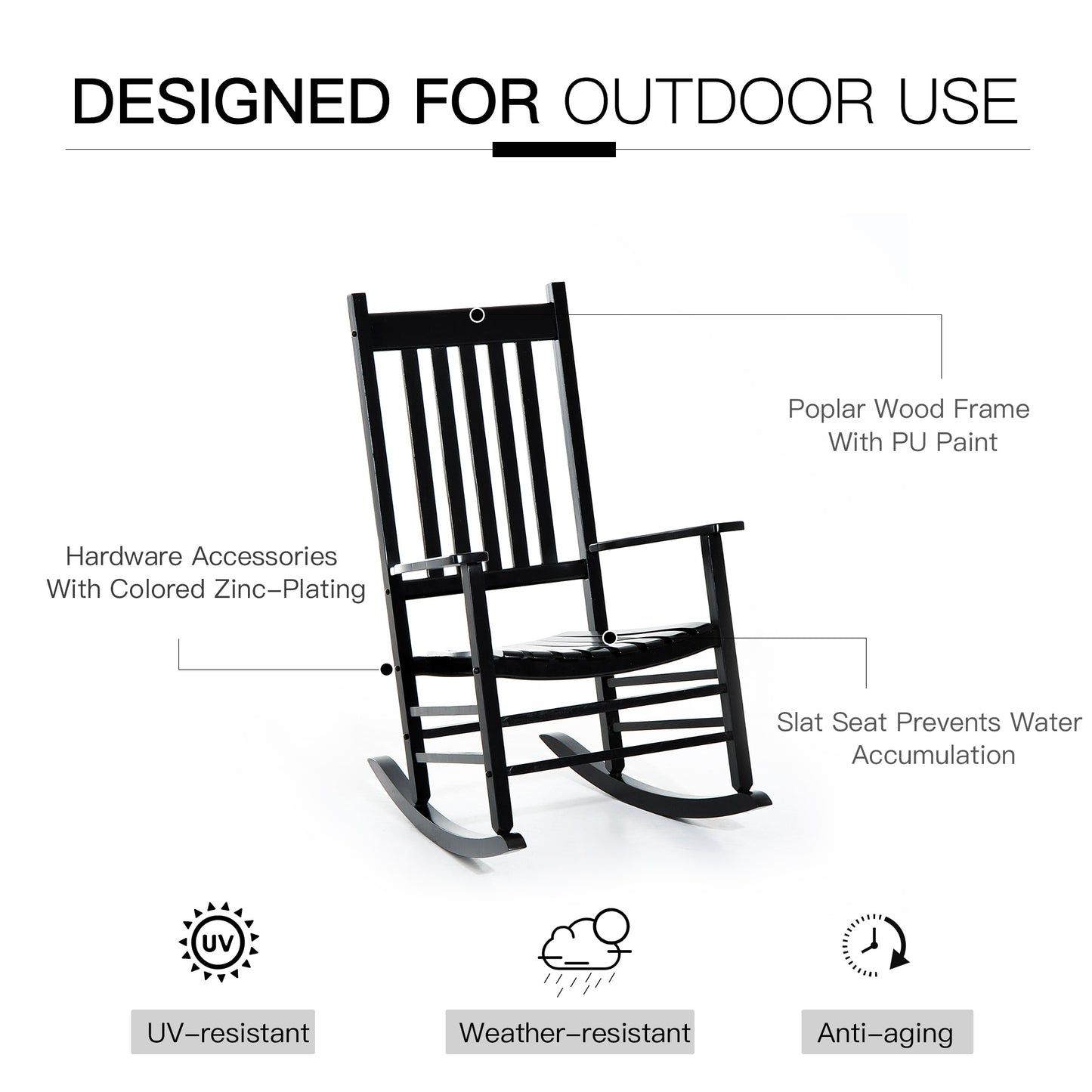 Wooden Outdoor Rocking Chair with Armrests - Black