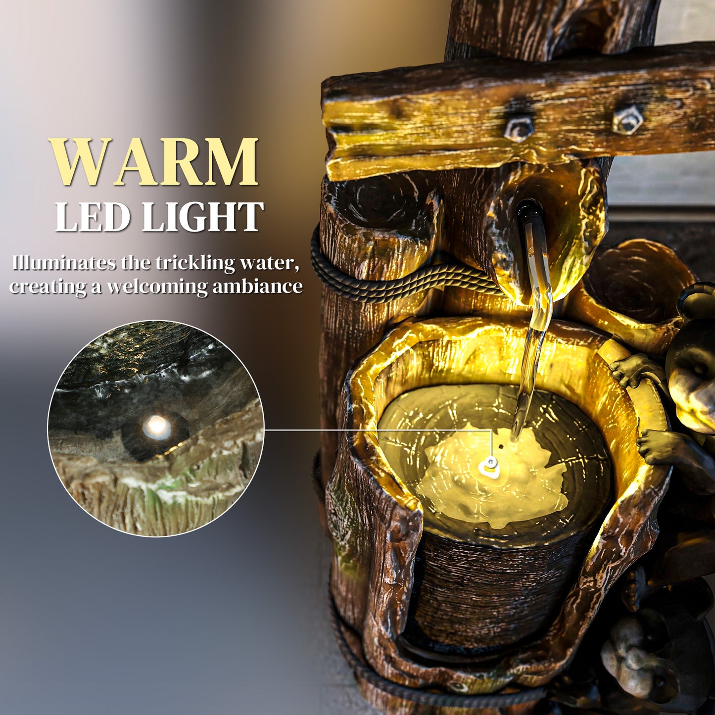 Outdoor Water Fountain with LED Lights and 3 Tiers - Rustic Resin Bears, 22.8 Inches