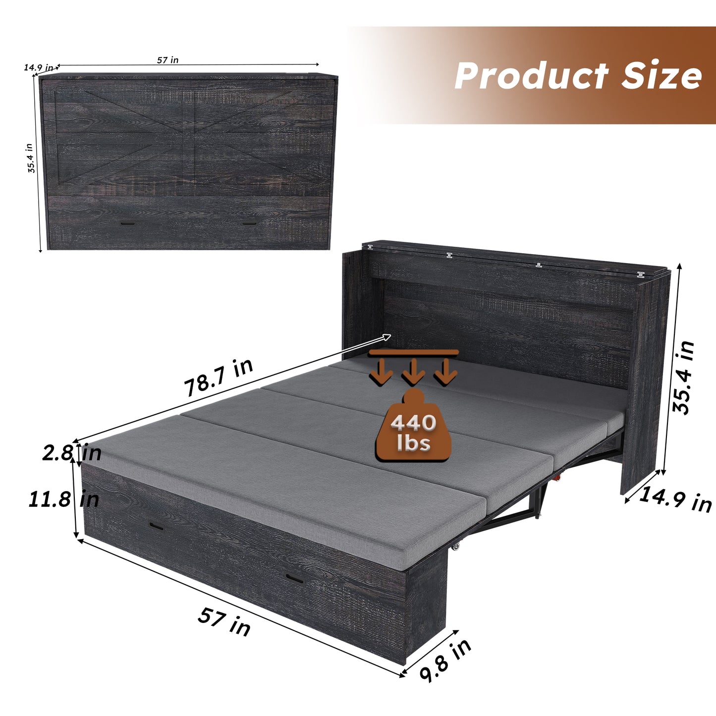 57-Inch Murphy Bed with Storage Drawers & Charging Cabinet - Black
