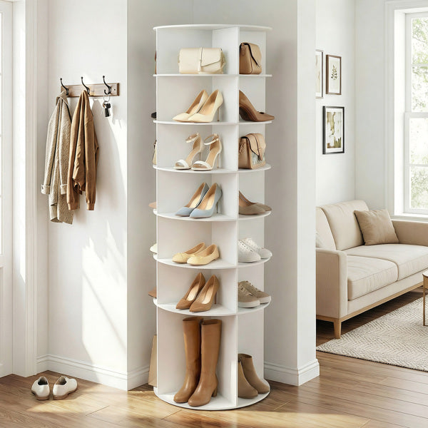 7-Tier Rotating Shoe Rack - Space-Saving White WPC Storage