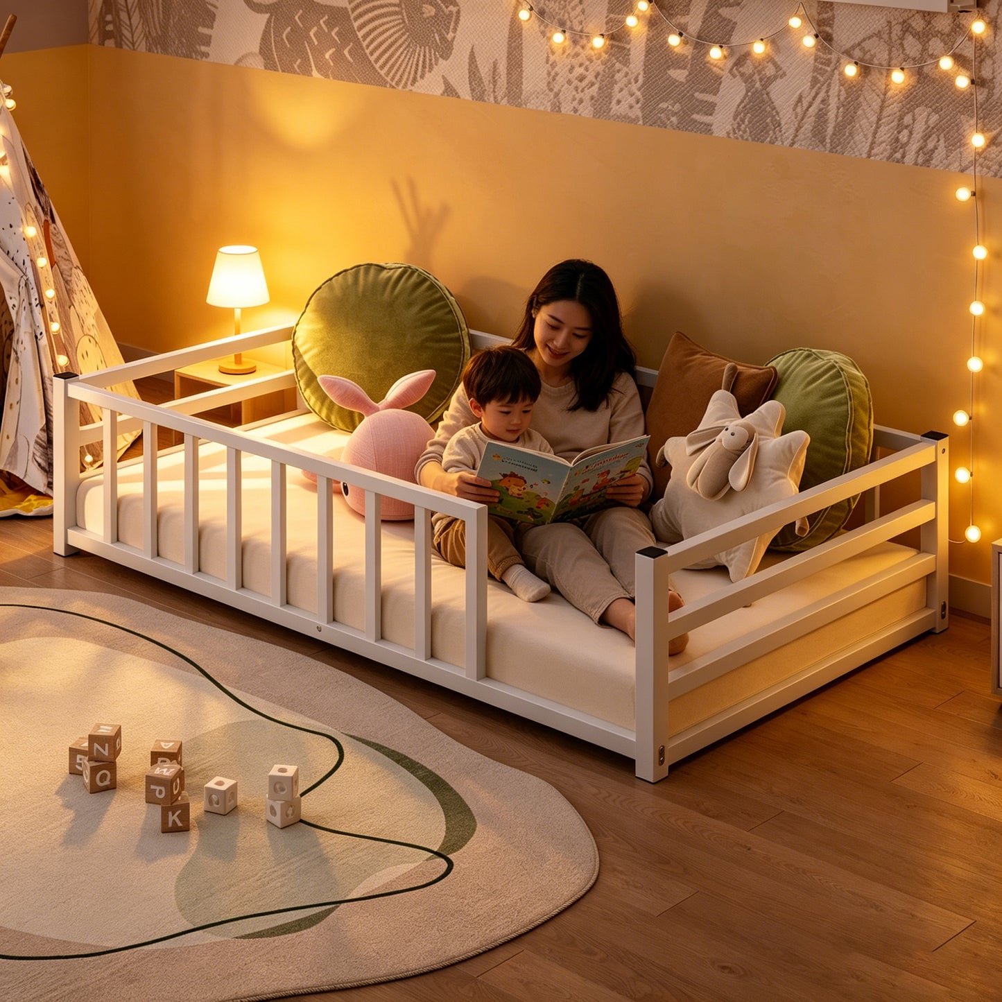 Twin Size Low Profile Metal Bed Frame with Guardrails - White