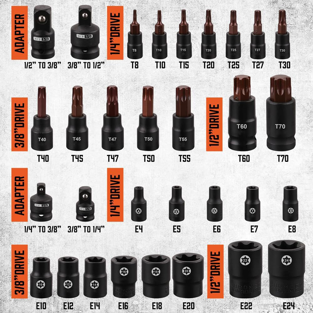 30-Piece Torx Socket Set with Female External Sockets and Impact Adapters - Model YW036