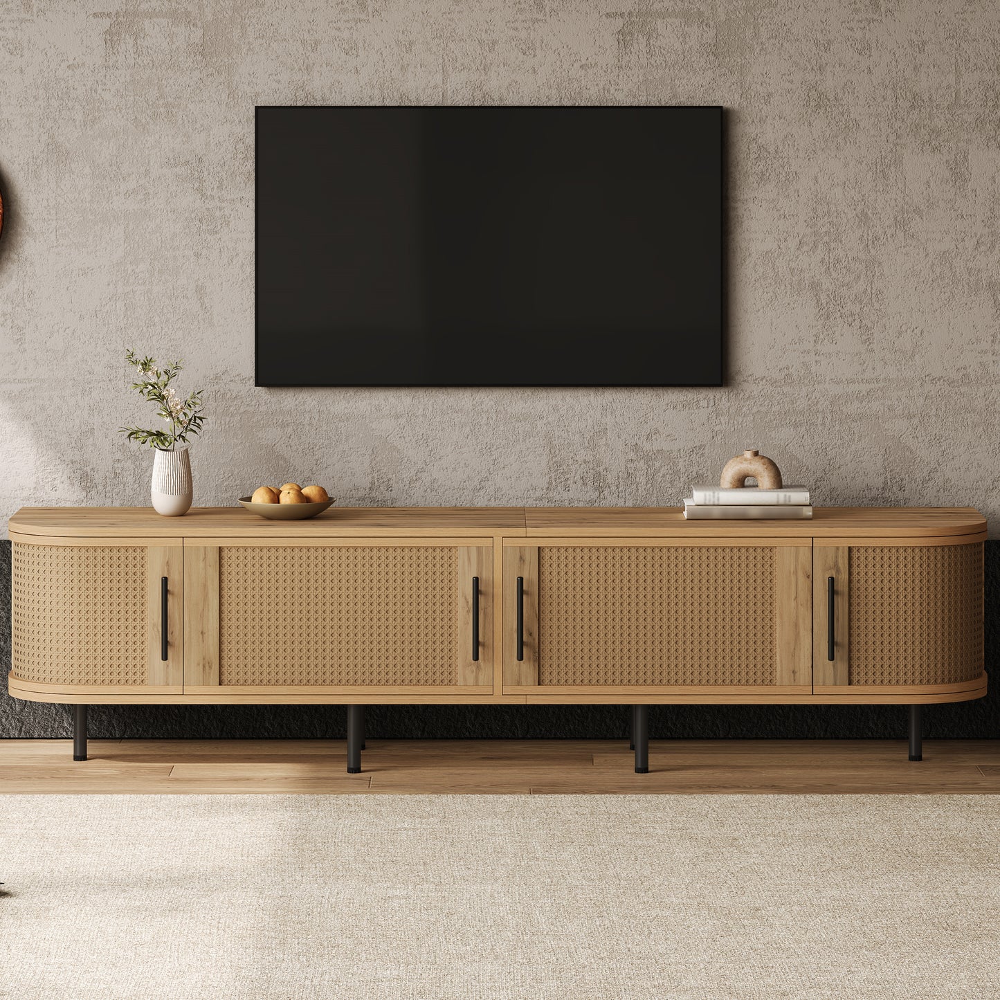 70-Inch Modern TV Stand with Rattan Doors for 80-Inch TVs